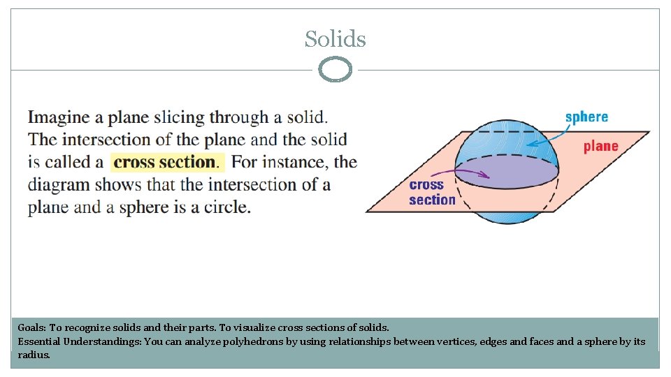 Solids Goals: To recognize solids and their parts. To visualize cross sections of solids.