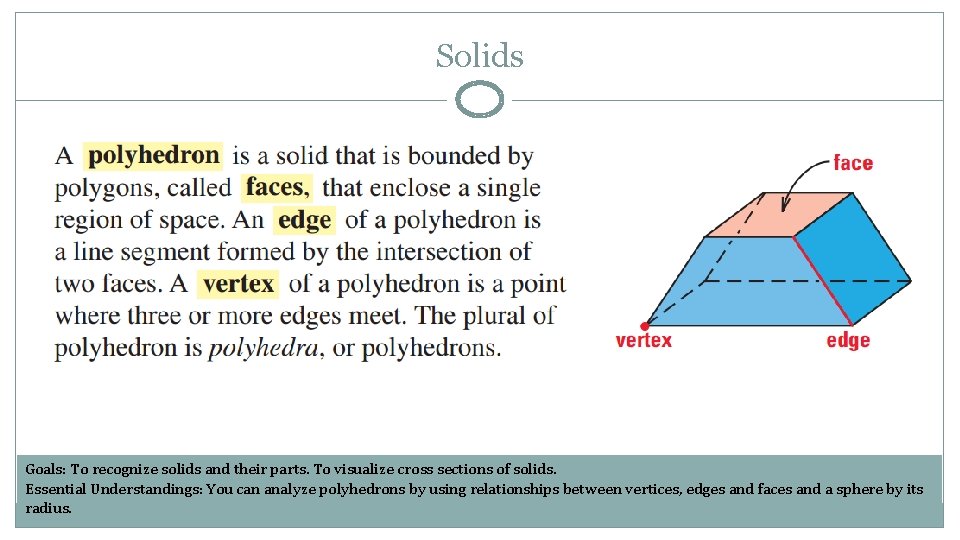 Solids Goals: To recognize solids and their parts. To visualize cross sections of solids.