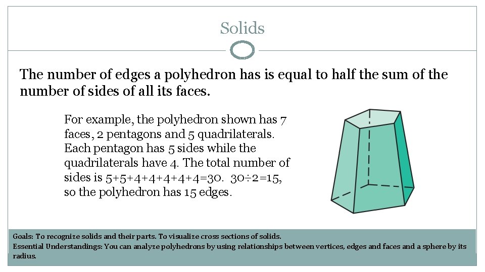 Solids The number of edges a polyhedron has is equal to half the sum