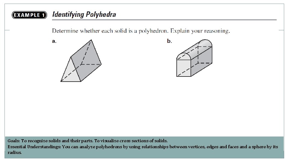 Solids Goals: To recognize solids and their parts. To visualize cross sections of solids.