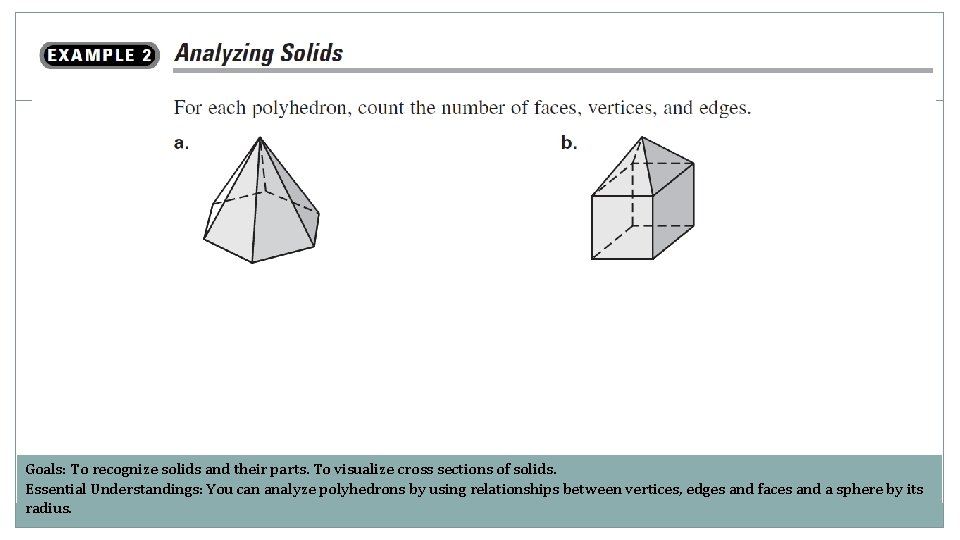 Solids Goals: To recognize solids and their parts. To visualize cross sections of solids.