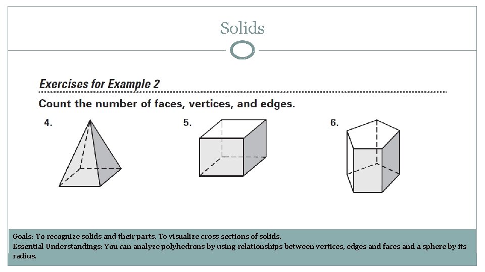 Solids Goals: To recognize solids and their parts. To visualize cross sections of solids.