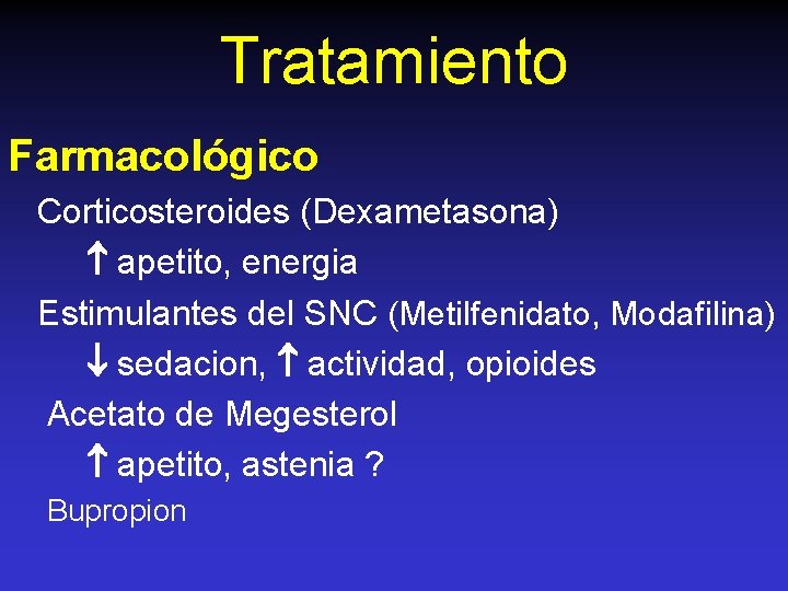 Tratamiento Farmacológico Corticosteroides (Dexametasona) apetito, energia Estimulantes del SNC (Metilfenidato, Modafilina) sedacion, actividad, opioides