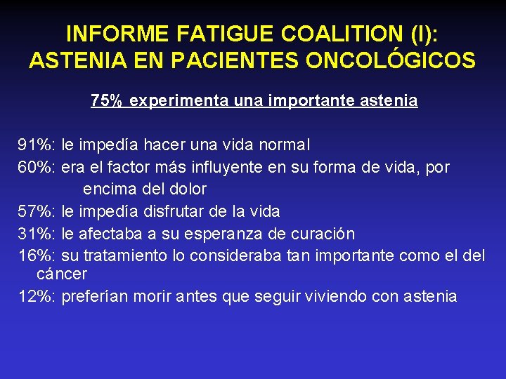 INFORME FATIGUE COALITION (I): ASTENIA EN PACIENTES ONCOLÓGICOS 75% experimenta una importante astenia 91%: