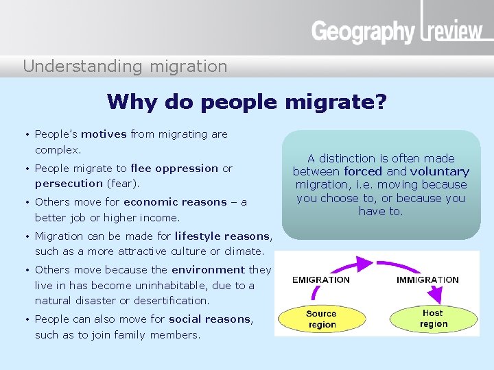 Understandingmigration Why do people migrate? • People’s motives from migrating are complex. • People