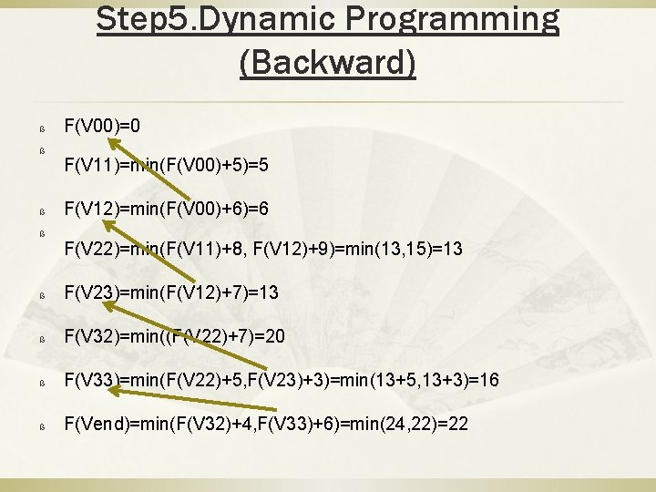 Step 5. Dynamic Programming (Backward) ß ß F(V 00)=0 F(V 11)=min(F(V 00)+5)=5 F(V 12)=min(F(V Step 5. Dynamic Programming (Backward) ß ß F(V 00)=0 F(V 11)=min(F(V 00)+5)=5 F(V 12)=min(F(V