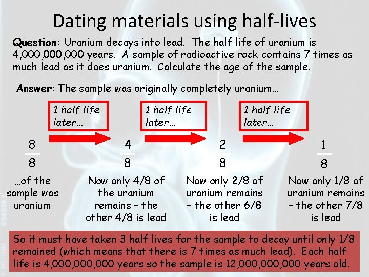 Dating materials using half-lives Question: Uranium decays into lead. The half life of uranium