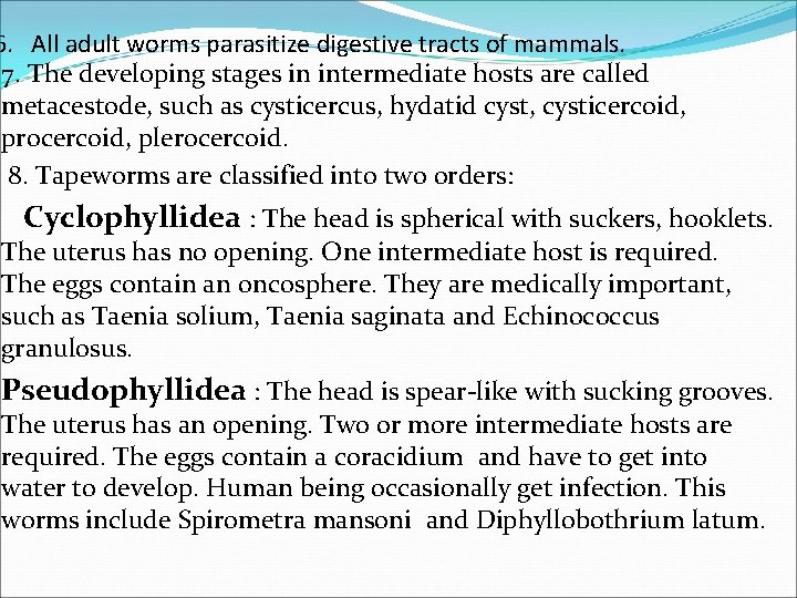 6. All adult worms parasitize digestive tracts of mammals. 7. The developing stages in