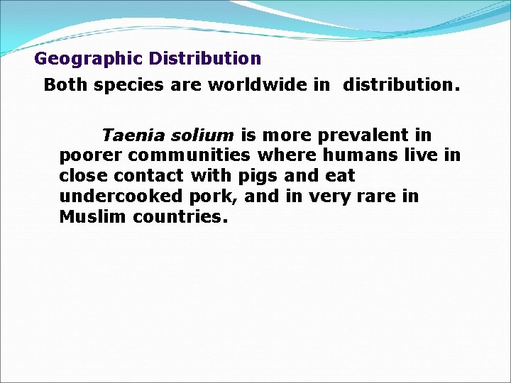 Geographic Distribution Both species are worldwide in distribution. Taenia solium is more prevalent in