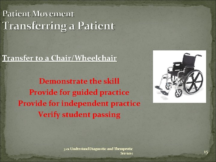 Patient Movement Transferring a Patient Transfer to a Chair/Wheelchair Demonstrate the skill Provide for