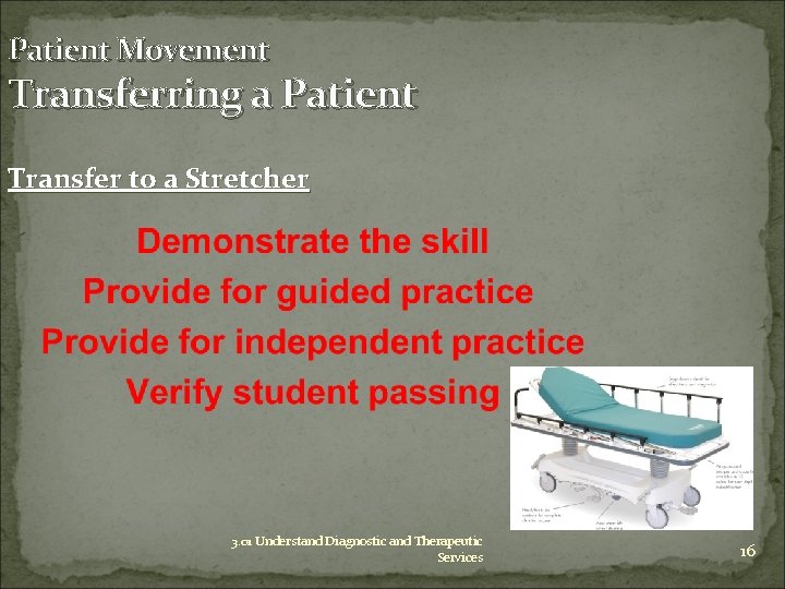 Patient Movement Transferring a Patient Transfer to a Stretcher 3. 01 Understand Diagnostic and