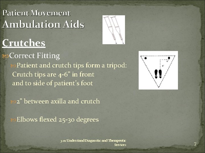 Patient Movement Ambulation Aids Crutches Correct Fitting Patient and crutch tips form a tripod: