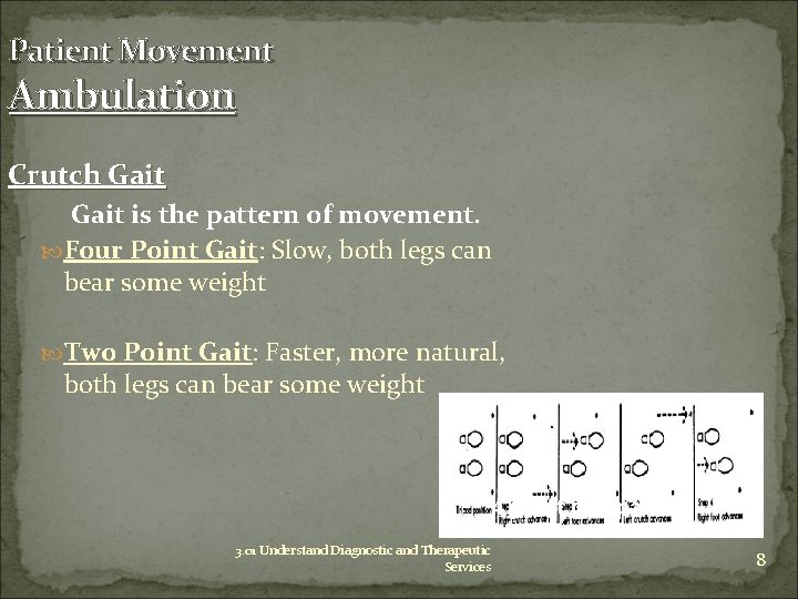 Patient Movement Ambulation Crutch Gait is the pattern of movement. Four Point Gait: Slow,