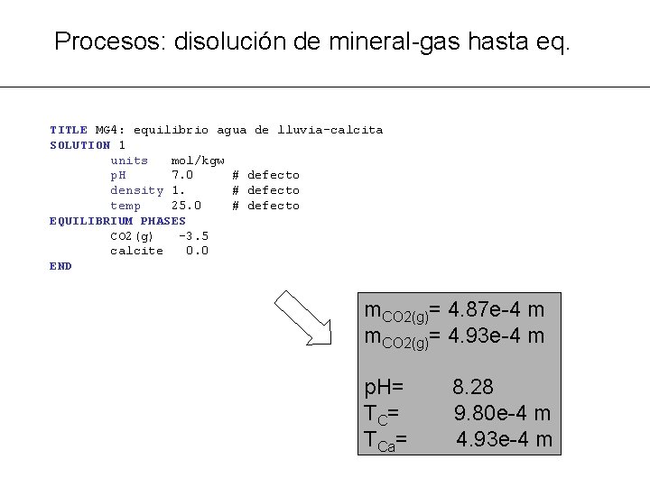 Procesos: disolución de mineral-gas hasta eq. TITLE MG 4: equilibrio agua de lluvia-calcita SOLUTION