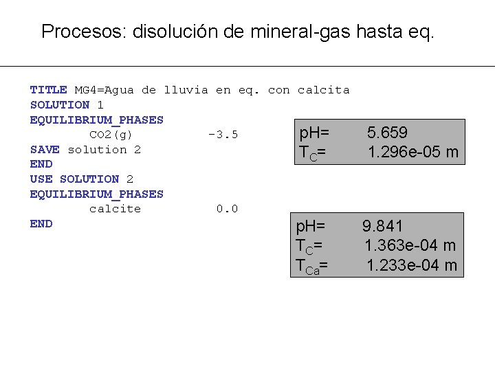 Procesos: disolución de mineral-gas hasta eq. TITLE MG 4=Agua de lluvia en eq. con