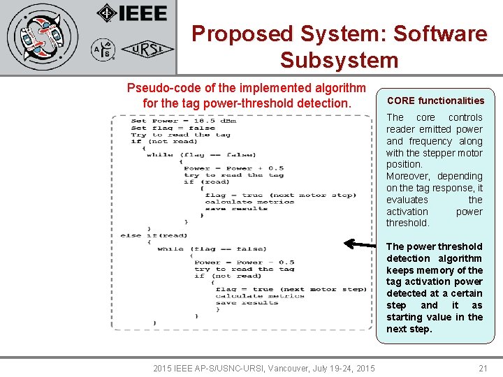 Proposed System: Software Subsystem Pseudo-code of the implemented algorithm for the tag power-threshold detection.