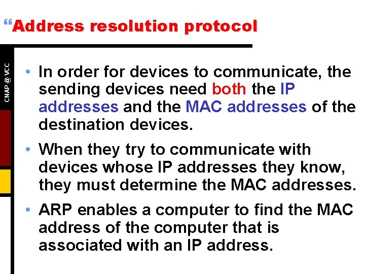 CNAP @ VCC }Address resolution protocol • In order for devices to communicate, the