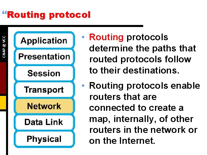CNAP @ VCC }Routing protocol • Routing protocols determine the paths that routed protocols