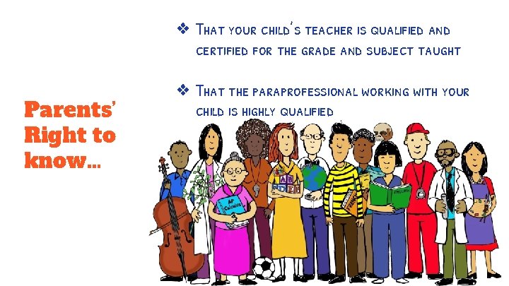 ❖ That your child’s teacher is qualified and certified for the grade and subject