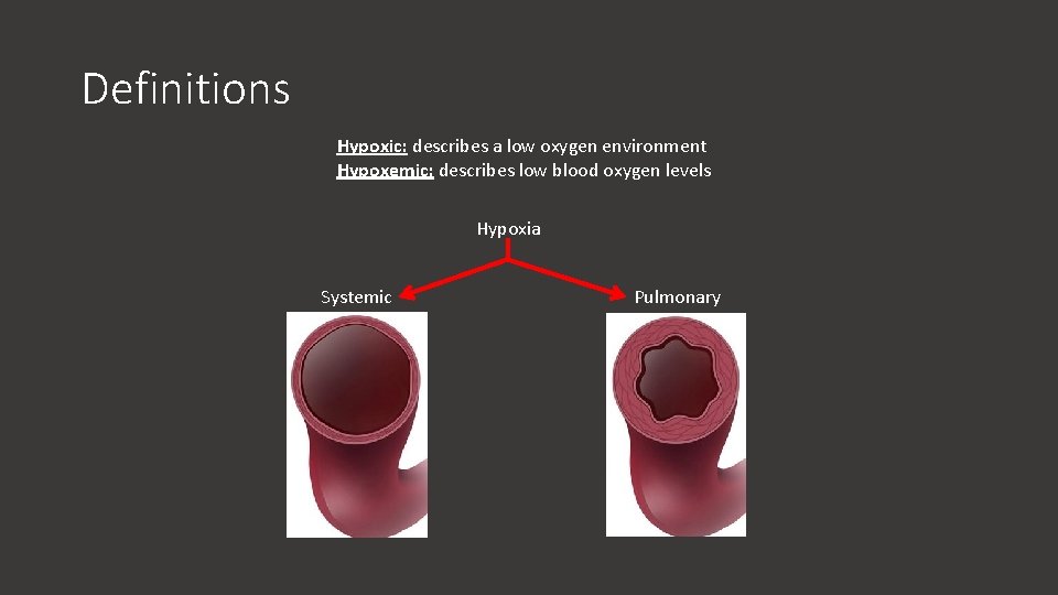Definitions Hypoxic: describes a low oxygen environment Hypoxemic: describes low blood oxygen levels Hypoxia