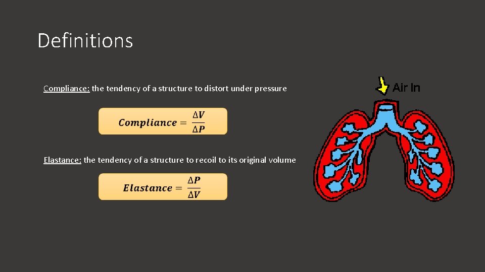 Definitions Compliance: the tendency of a structure to distort under pressure Elastance: the tendency