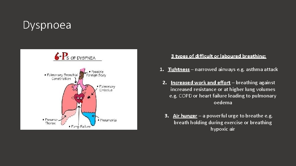 Dyspnoea 3 types of difficult or laboured breathing: 1. Tightness – narrowed airways e.