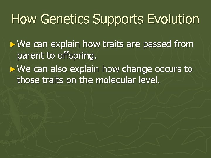 How Genetics Supports Evolution ► We can explain how traits are passed from parent