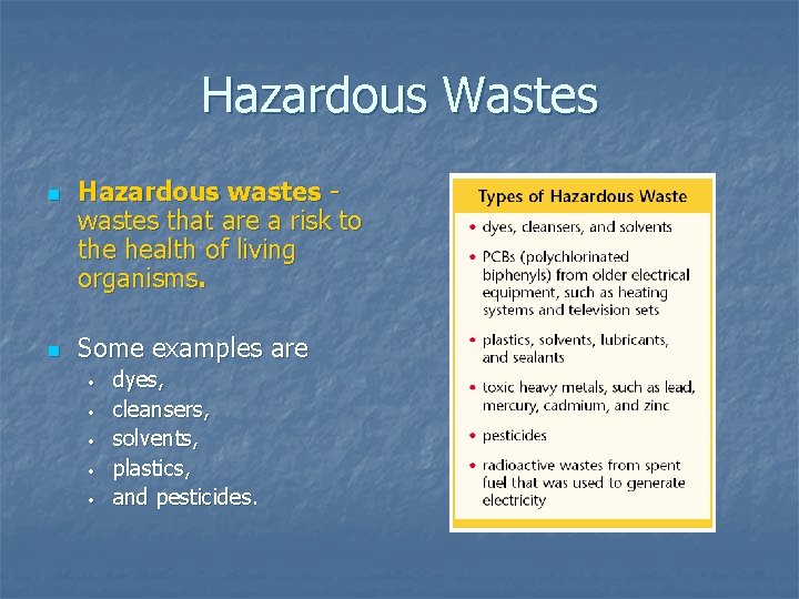 Hazardous Wastes n n Hazardous wastes that are a risk to the health of Hazardous Wastes n n Hazardous wastes that are a risk to the health of