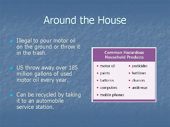 Around the House n n n Illegal to pour motor oil on the ground Around the House n n n Illegal to pour motor oil on the ground