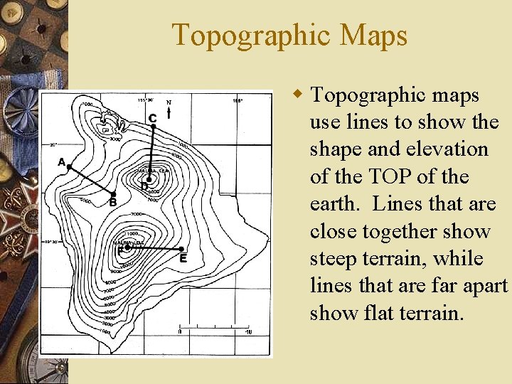 Topographic Maps w Topographic maps use lines to show the shape and elevation of