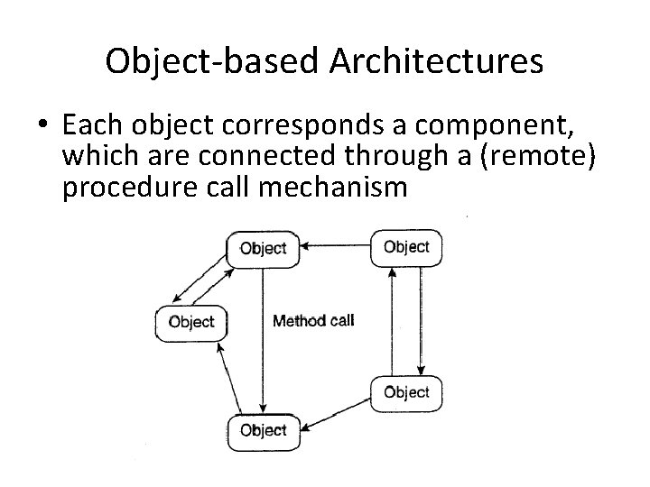 Object-based Architectures • Each object corresponds a component, which are connected through a (remote)