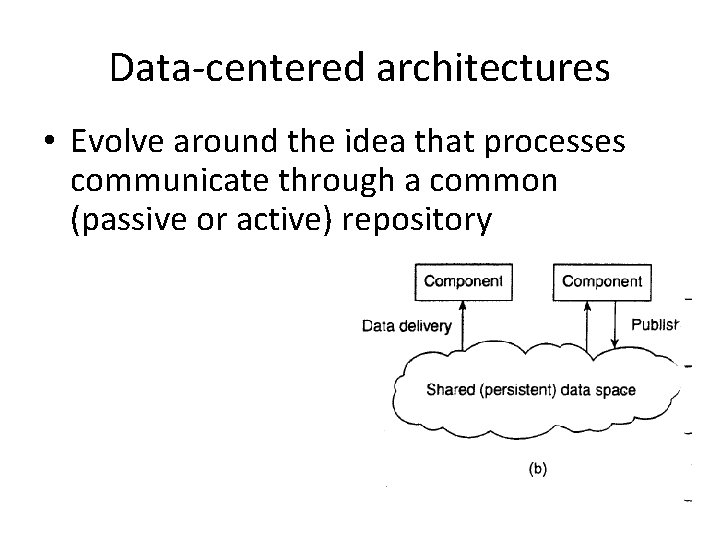 Data-centered architectures • Evolve around the idea that processes communicate through a common (passive