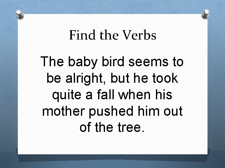 Find the Verbs The baby bird seems to be alright, but he took quite