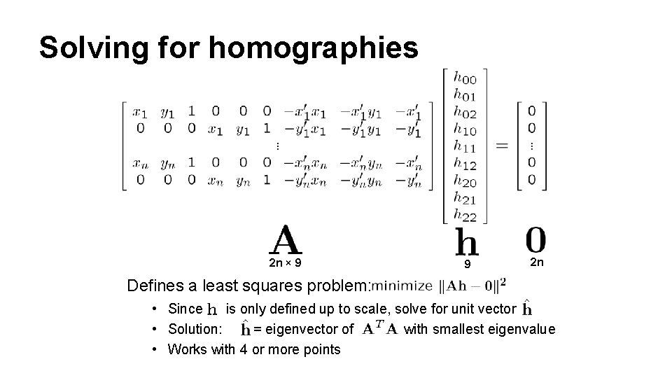 Solving for homographies 2 n × 9 9 2 n Defines a least squares