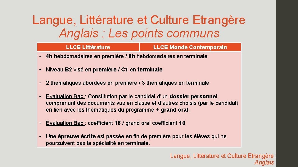 Langue, Littérature et Culture Etrangère Anglais : Les points communs LLCE Littérature LLCE Monde