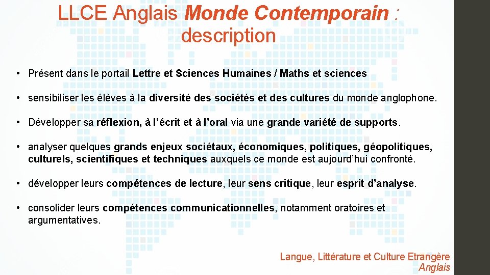 LLCE Anglais Monde Contemporain : description • Présent dans le portail Lettre et Sciences