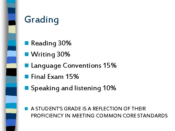 Grading n Reading 30% n Writing 30% n Language Conventions 15% n Final Exam