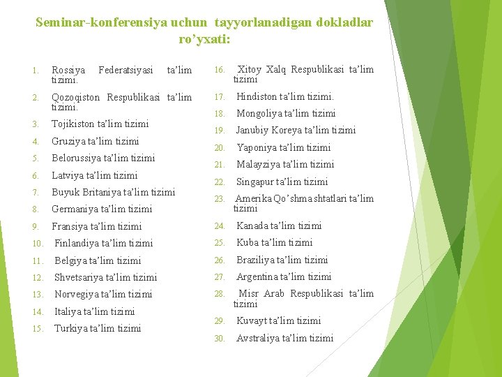Seminar-konferensiya uchun tayyorlanadigan dokladlar ro’yxati: 1. Rossiya tizimi. ta’lim 16. Xitoy Xalq Respublikasi ta’lim