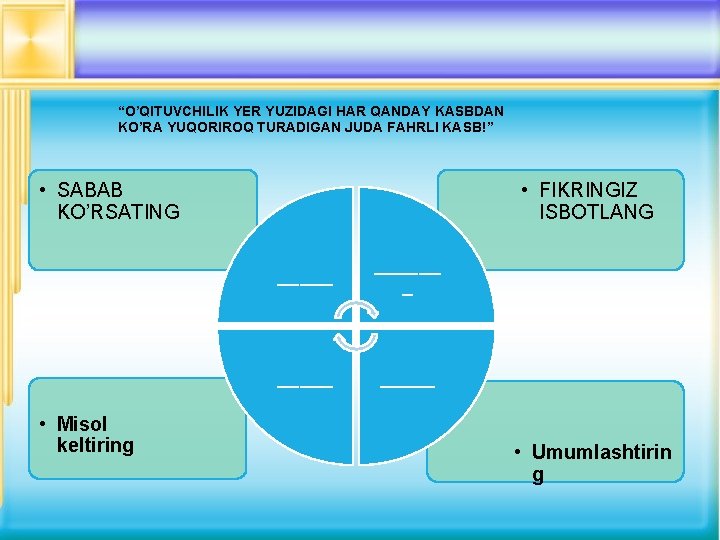 “O’QITUVCHILIK YER YUZIDAGI HAR QANDAY KASBDAN KO’RA YUQORIROQ TURADIGAN JUDA FAHRLI KASB!” • FIKRINGIZ