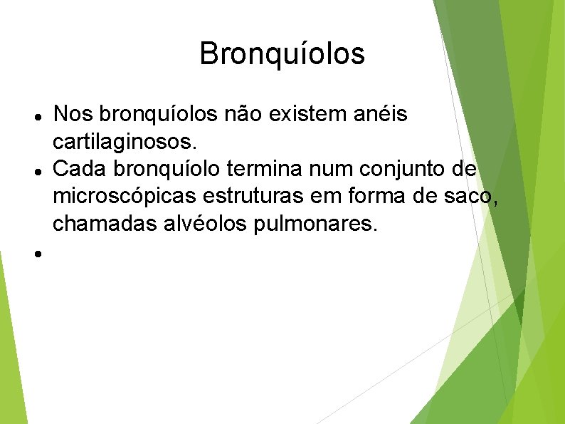 Bronquíolos Nos bronquíolos não existem anéis cartilaginosos. Cada bronquíolo termina num conjunto de microscópicas