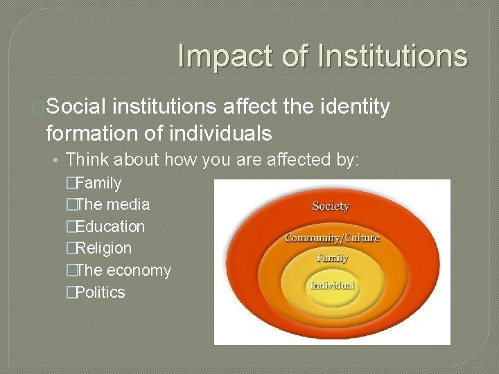 Impact of Institutions �Social institutions affect the identity formation of individuals • Think about