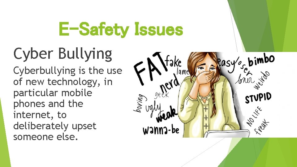 E-Safety Issues Cyber Bullying Cyberbullying is the use of new technology, in particular mobile