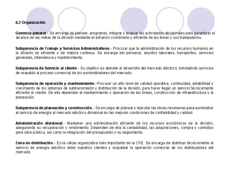 6. 2 Organización. Gerencia general. - Se encarga de planear, programar, integrar y evaluar