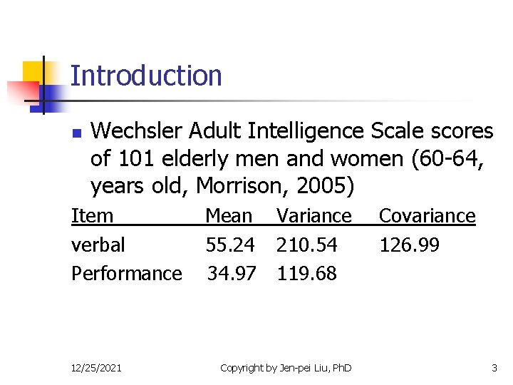 Introduction n Wechsler Adult Intelligence Scale scores of 101 elderly men and women (60
