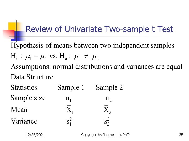 Review of Univariate Two-sample t Test 12/25/2021 Copyright by Jen-pei Liu, Ph. D 35