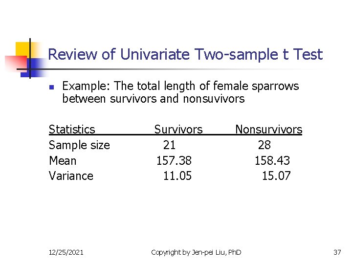 Review of Univariate Two-sample t Test n Example: The total length of female sparrows