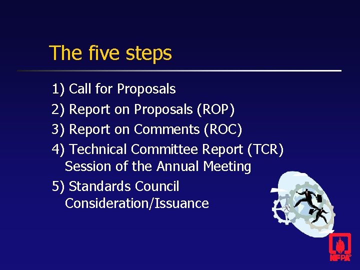The five steps 1) 2) 3) 4) Call for Proposals Report on Proposals (ROP)