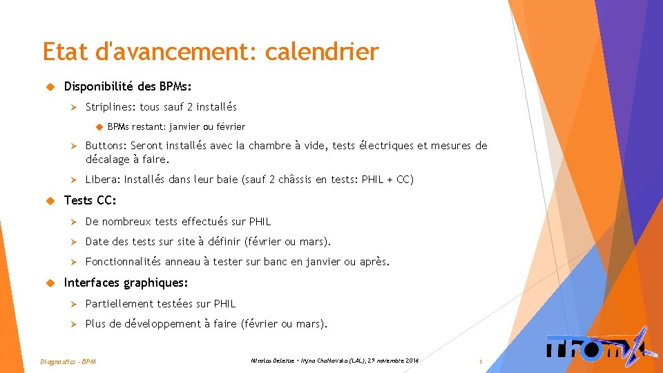 Etat d'avancement: calendrier Disponibilité des BPMs: Ø Striplines: tous sauf 2 installés BPMs restant: