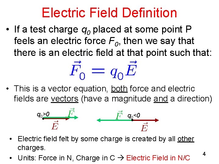 Electric Field Definition • If a test charge q 0 placed at some point