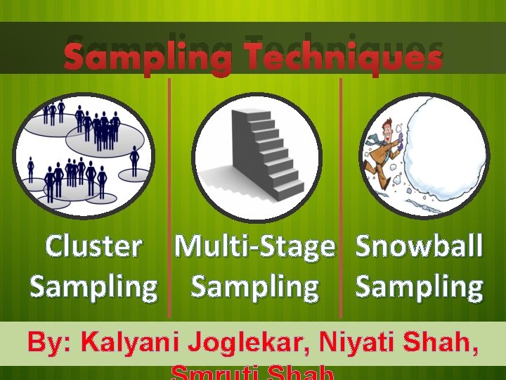 Sampling Techniques Cluster Multi-Stage Snowball Sampling By: Kalyani Joglekar, Niyati Shah, 